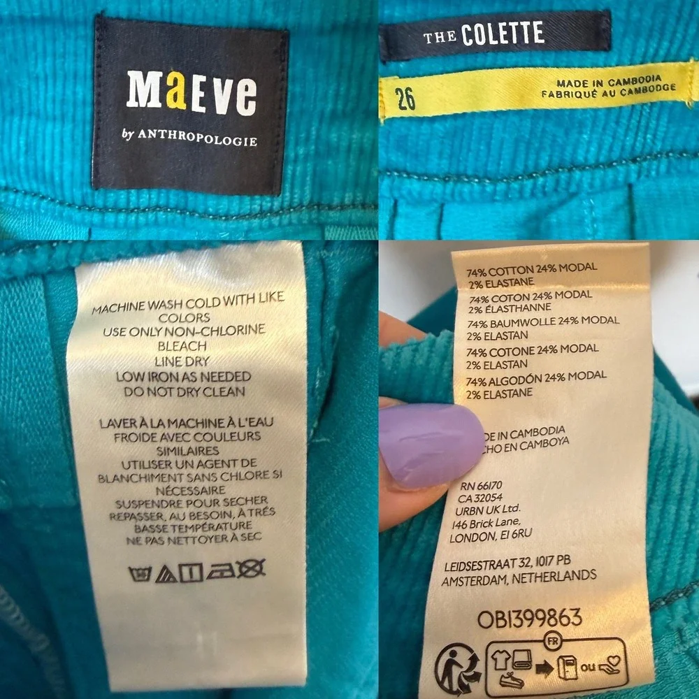 Anthropologie Maeve The Colette Corduroy Wide Leg Crop Pants Turquoise Retro 26 - Picture 6 of 6